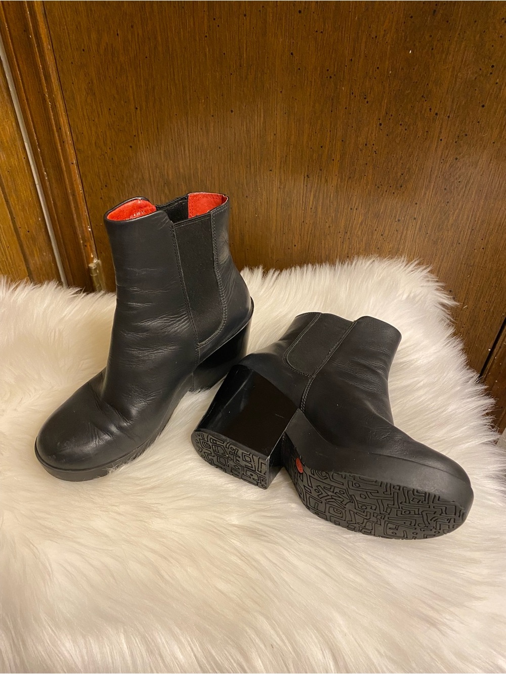 Camper Black Leather Ankle Booties with Red Interior